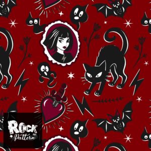 Red Cat girl handdrawn seamless pattern
