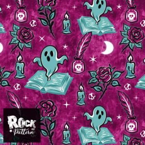 Magenta Ghost books handdrawn seamless pattern