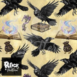 Crows and magical books seamless pattern