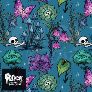 Hand drawn seamless pattern of dark night garden plants and flowers with skulls