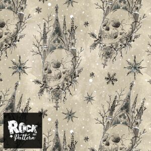 Hand drawn seamless pattern of a medieval winter skull scene